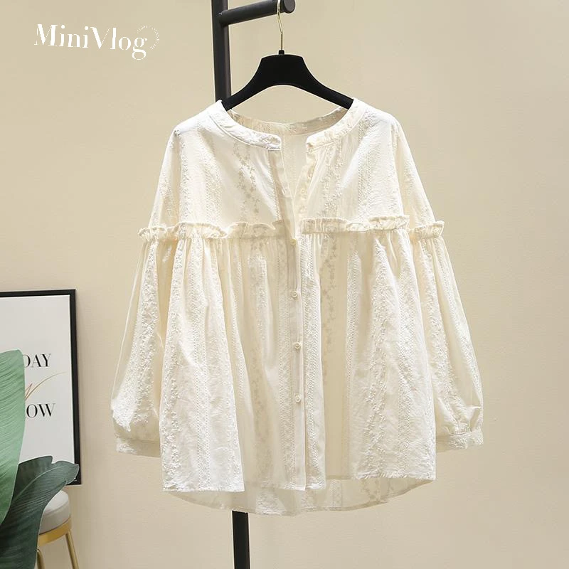 设计感圆领木耳边杏色衬衫女2024年秋季新款宽松减龄长袖衬衣上衣