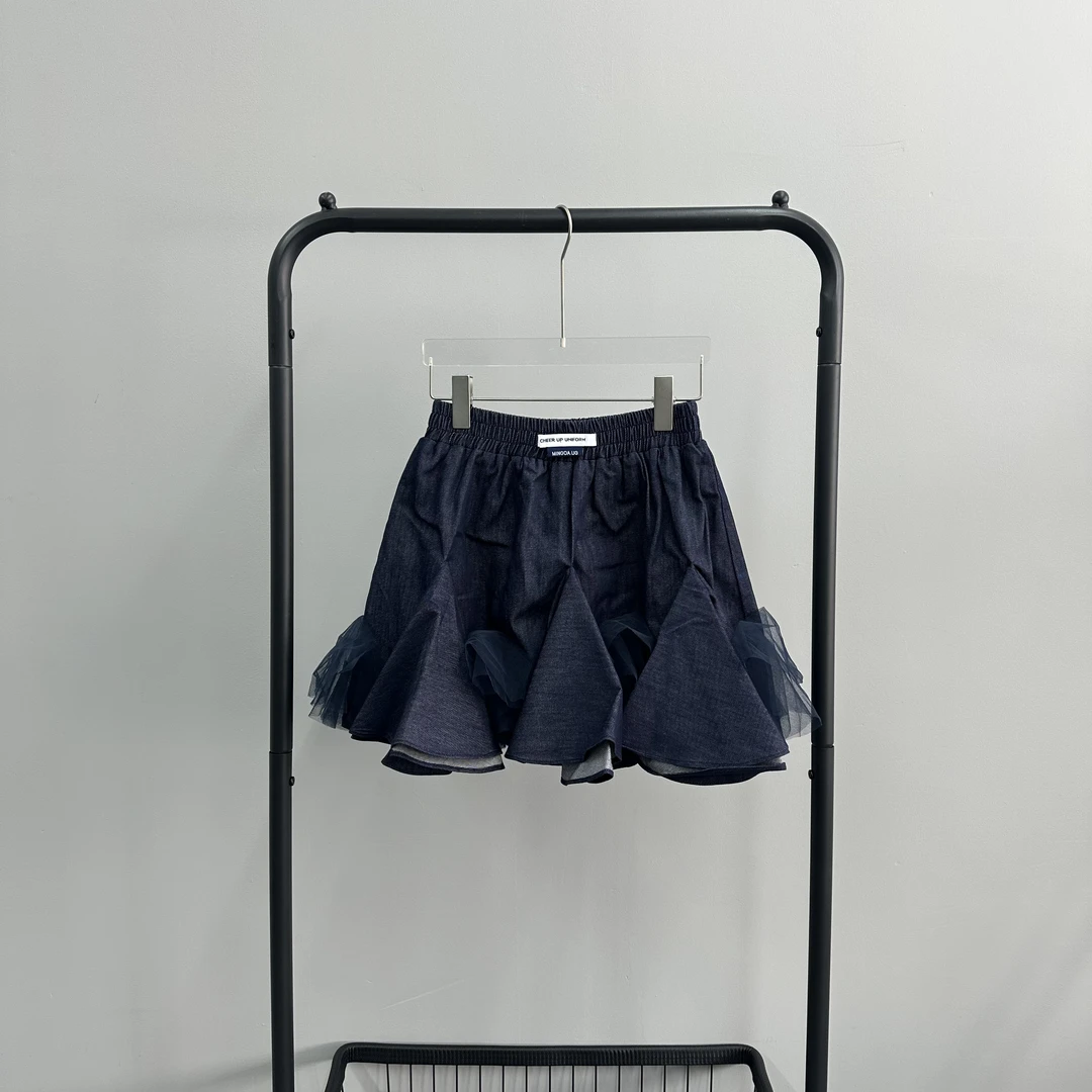 N99小众设计师款花苞百褶下摆拼接网纱春夏新款牛仔裤裙2967