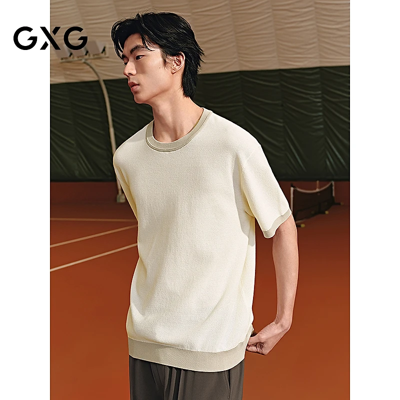 GXG男装 圆领T恤撞色拼接短袖针织 2025年夏季新品#G25X442092