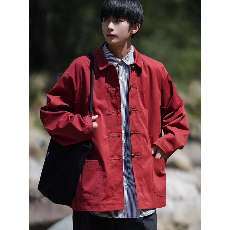 中国风红色复古铜扣仿古夹克男春秋季新中式盘扣唐装翻领工装外套