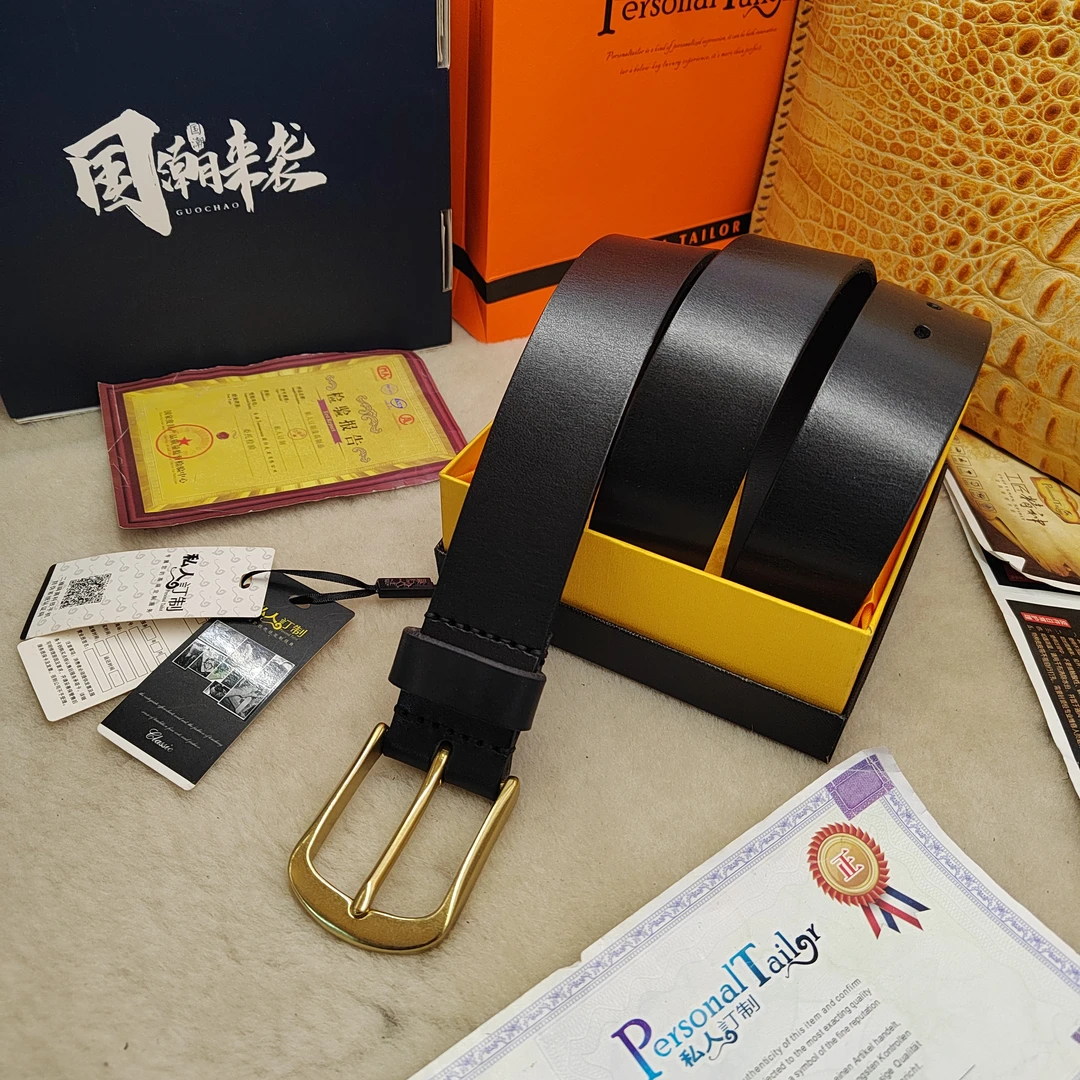 意大利进口黄牛皮铜扣国潮休闲ol黑色真皮腰带皮具裤腰带皮带！