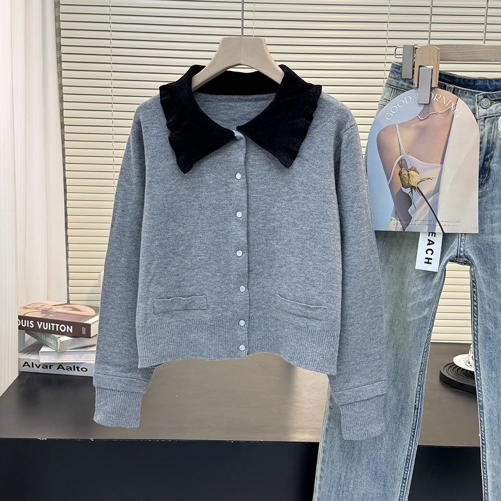 格雷系复古名媛小香风外套女甜美娃娃波浪领短款针织开衫13154TJ