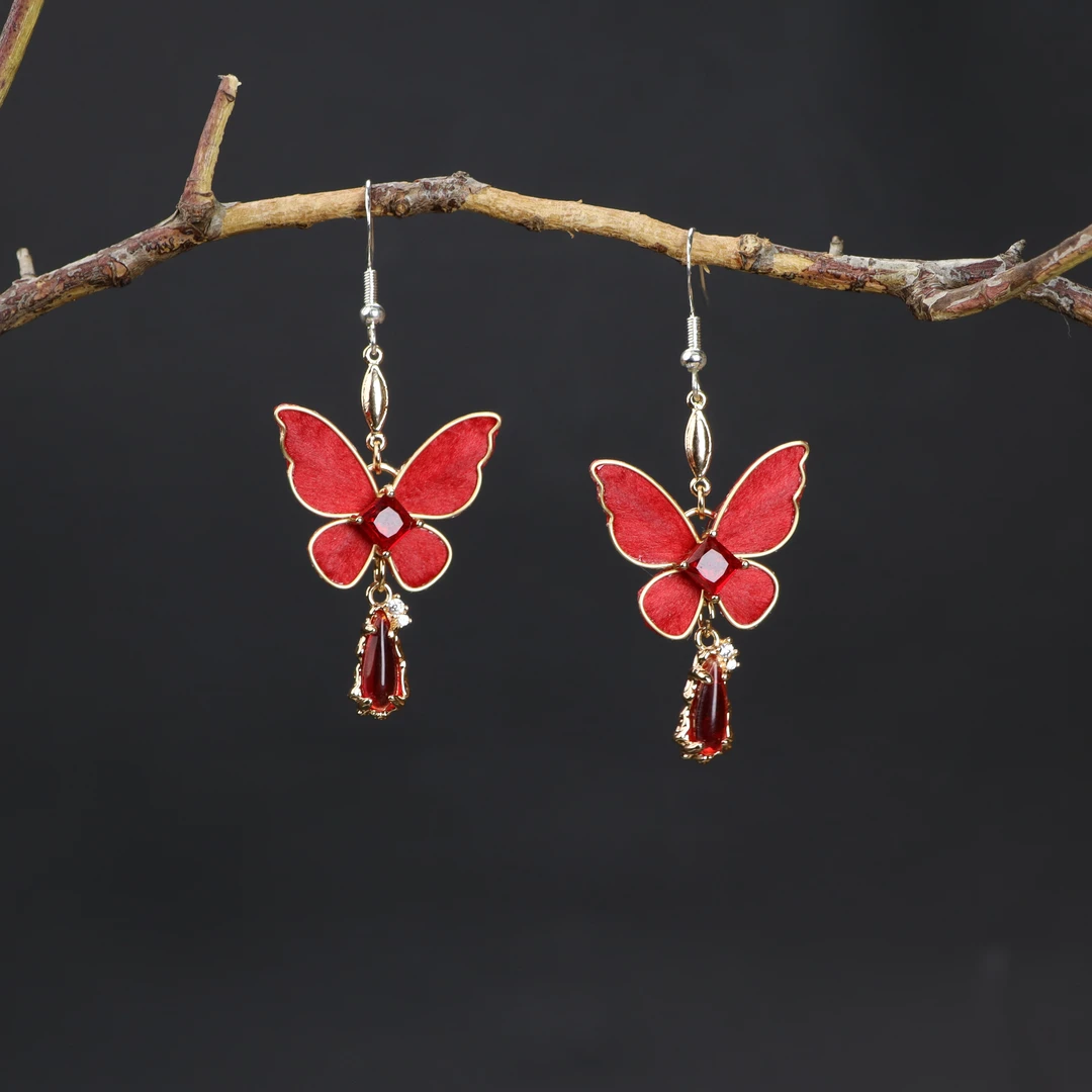 【星河入梦】非遗绒花红色蝴蝶耳环轻奢时尚百搭法式古典镶嵌手工