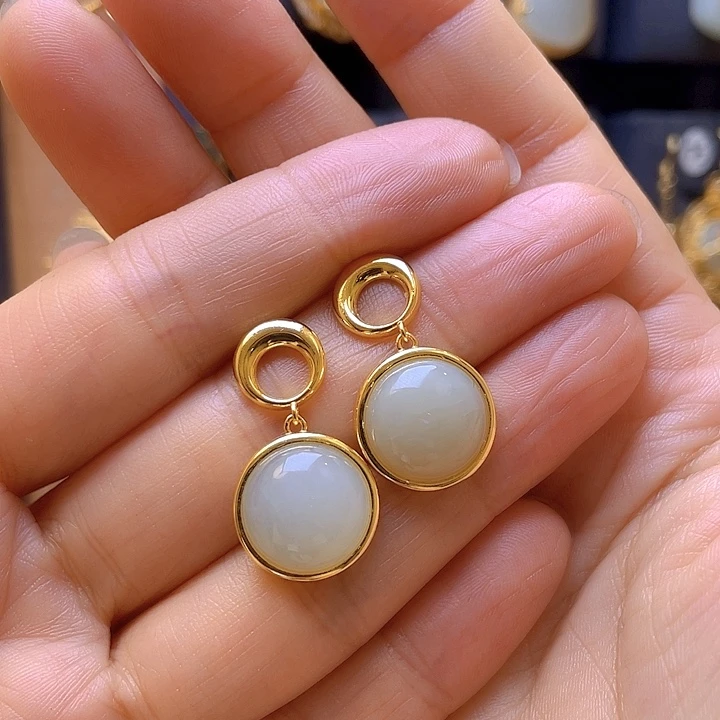 和田玉银S925镀金镶嵌耳饰