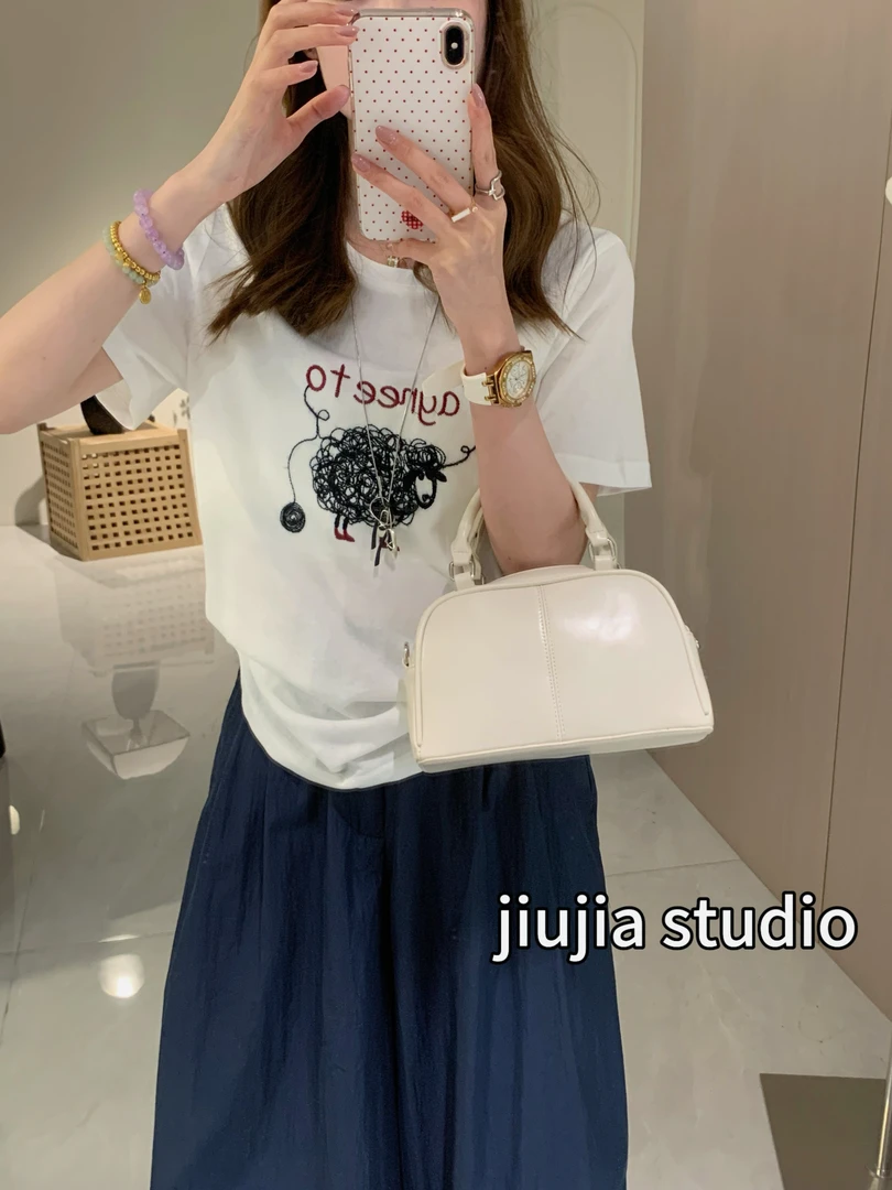 九佳 【线圈小羊】~显瘦时尚休闲百搭宽松圆领纯色韩版短袖T恤