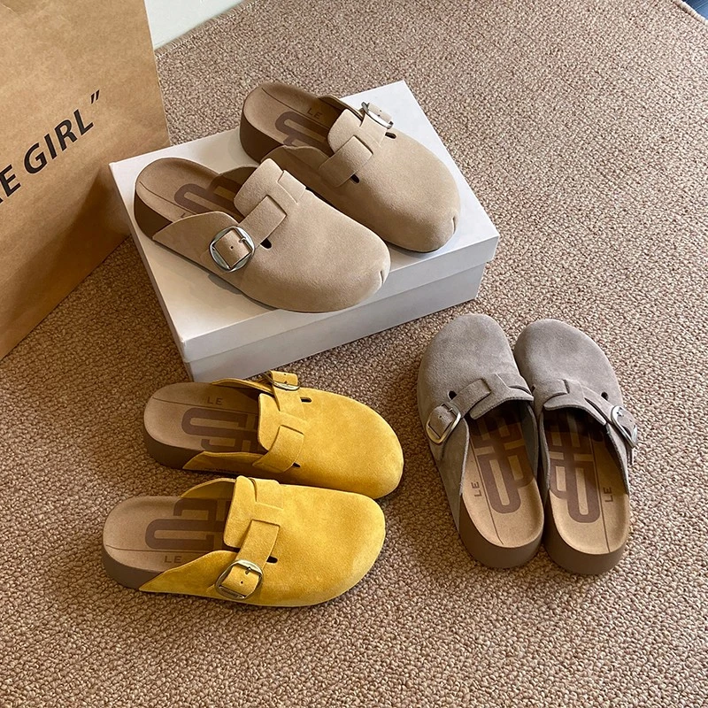 复古包头拖百搭厚底包头半托中跟凉鞋博肯半拖鞋厚底软底包头拖