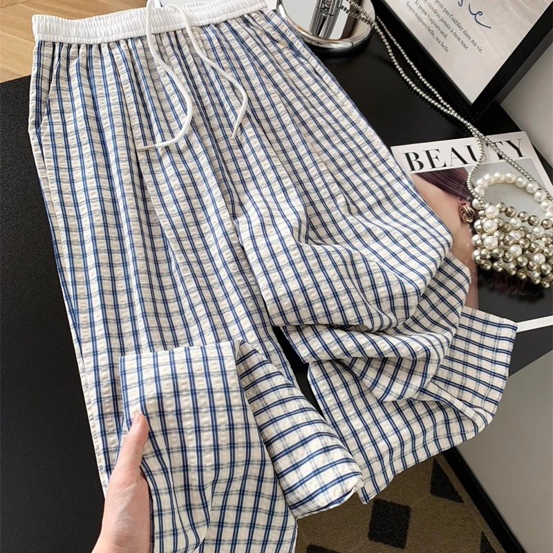 雪千羽美式高级感复古松紧腰泡泡格子夏季冰丝遛弯阔腿休闲长裤女