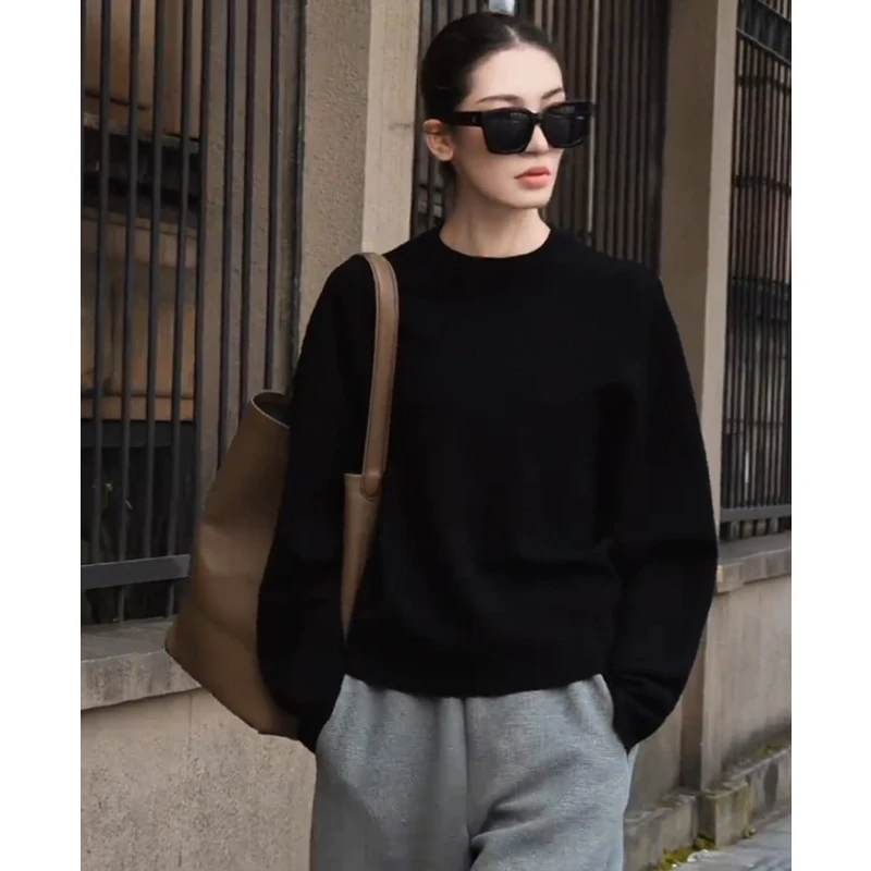 韩系高级感黑色圆领套头卫衣女2025年早春新款松弛感显瘦长袖上衣