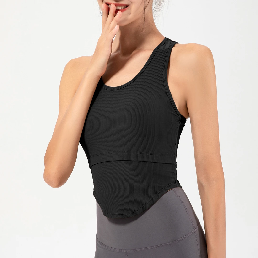 no退no换瑜伽服背心女罗纹带胸垫美背跑步健身上衣 Da49黑色 8075