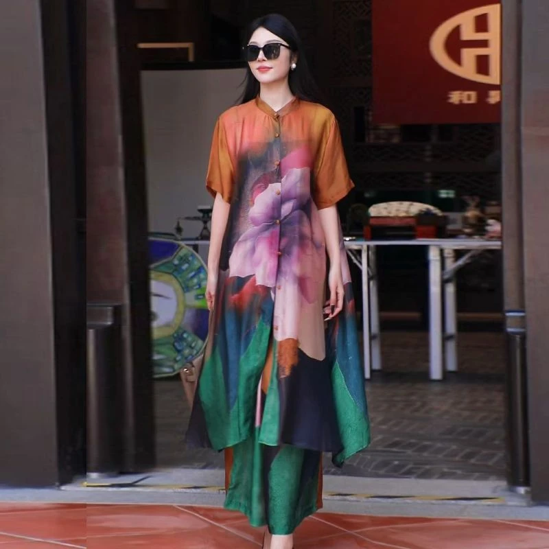 H夏季舒适国风大码丝质印花飘逸开衫外搭宽松阔腿裤气质两件套装