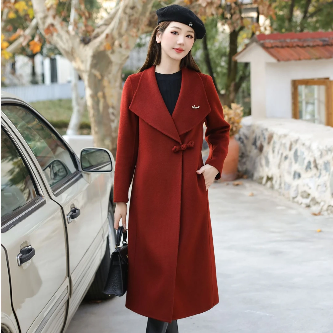大衣长款女装深酒红显瘦气质时尚中长款羊绒秋冬季气质洋气加厚
