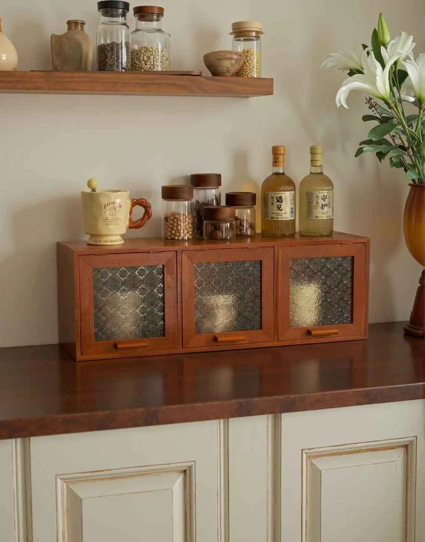 实木翻盖海棠花三格多功能收纳柜