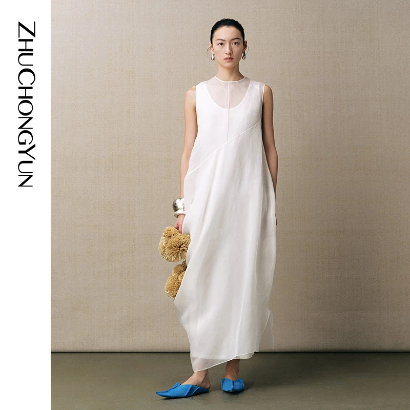 ZHUCHONGYUN2025夏新款进口柯根纱轻薄中式廓形连衣裙C1FZ24686