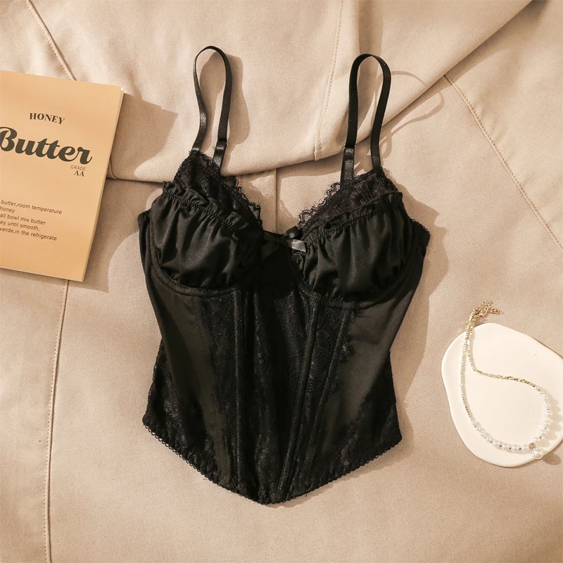 辣妹蕾丝拼接蝴蝶结鱼骨吊带背心女夏季新款性感修身内搭美背上衣