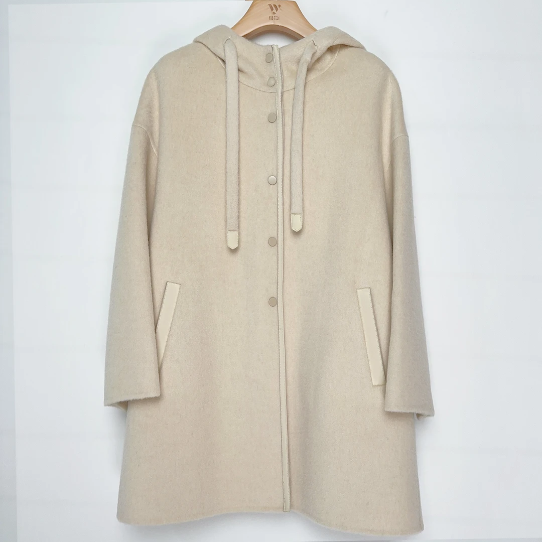【果缎梅姐专属】桑蚕丝羊毛双面呢连帽拼皮毛呢外套23HW990-LSM