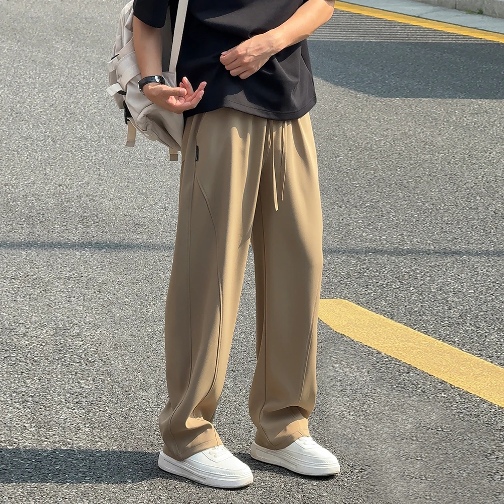 卡其色冰纱垂感冰丝休闲裤子男夏季宽松直筒运动弯刀裤薄款男裤子