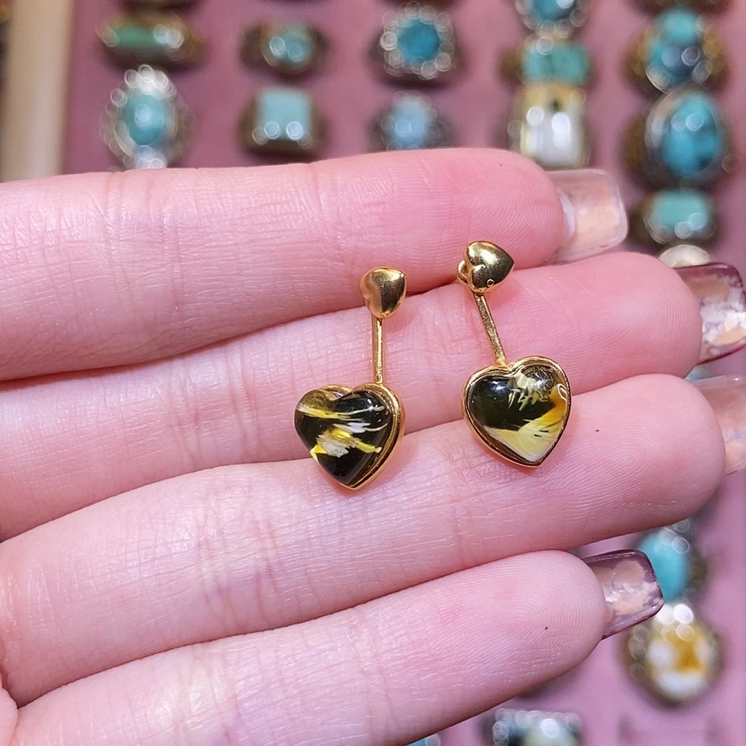 琥珀耳饰银S925镀金镶嵌姜*耳坠