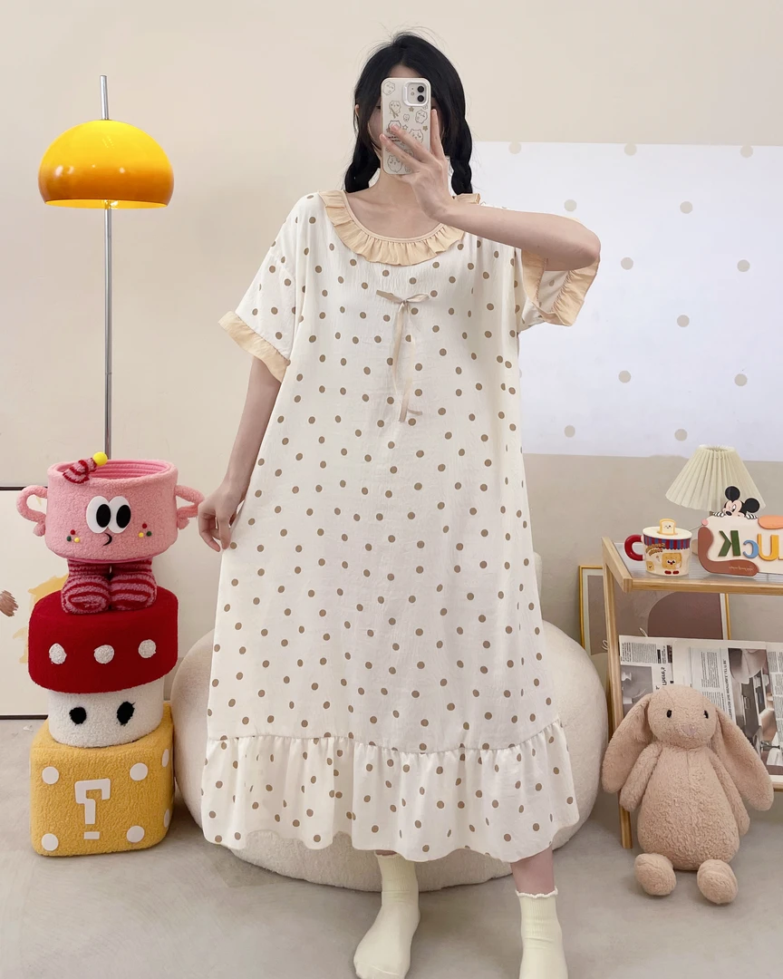 2025新款圆点中长款短袖长裙薄款夏季睡裙舒适连衣裙卡通大码