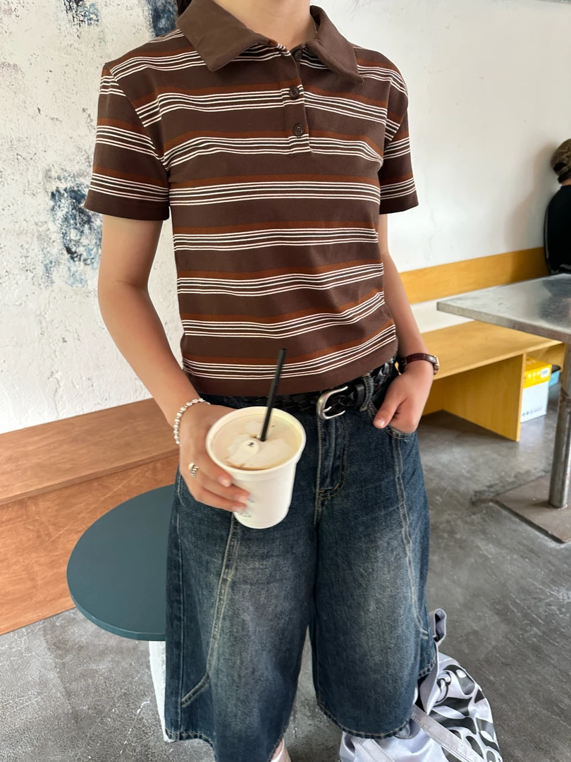 修身型常规款宽松型条纹POLO衫上衣宽松复古韩版潮流