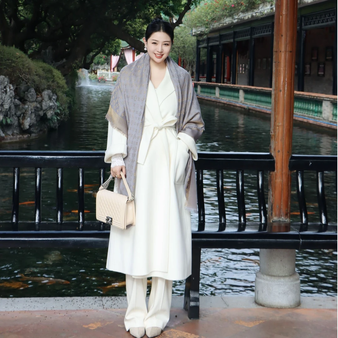 多肉宝贝绵羊毛90.7%山羊绒9.3%双面大衣系带毛呢女1125AL9505