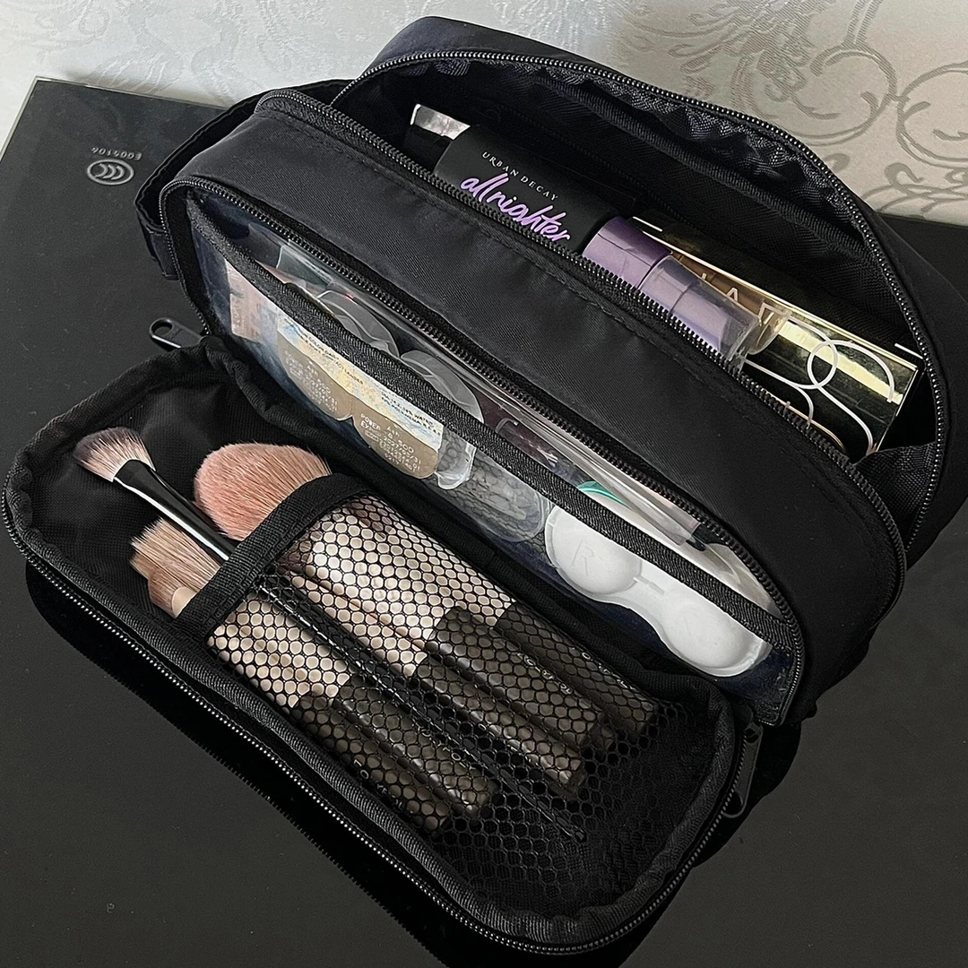 黑色分区化妆包女大容量便携式旅行洗漱包化妆刷收纳包学生笔袋