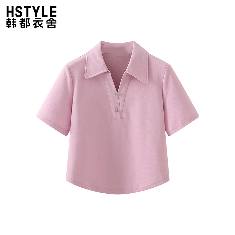韩都衣舍时尚纯色Polo领纽扣短袖T恤女简约百搭小众上衣春夏新款