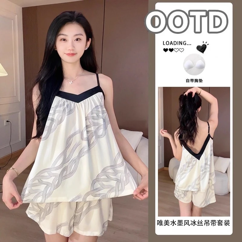 【冰山美人】夏季丝睡衣女带胸垫新款凉感吊带睡衣套装可外穿家居服