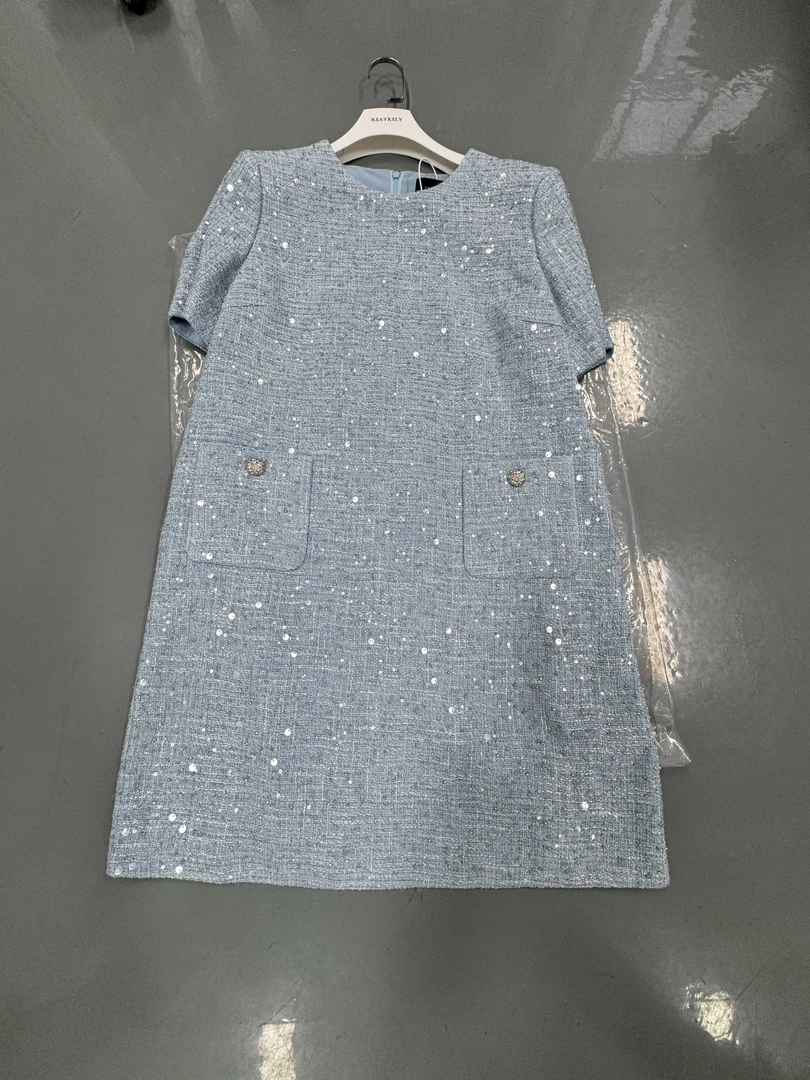 剀剀莉（上春山）蓝色短袖轻奢时尚气质显瘦小香连衣裙