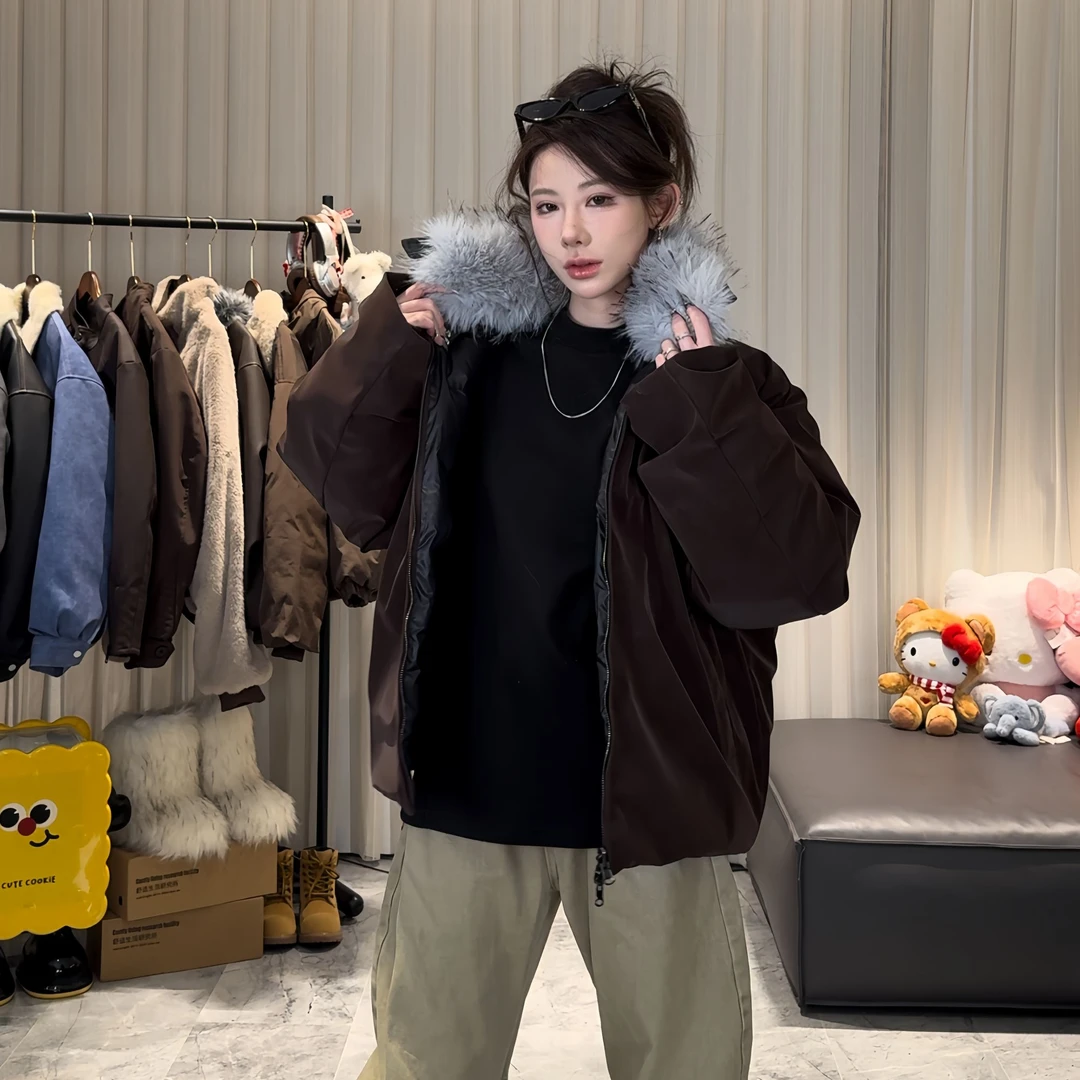 「TtAU」冬季珍珠雾面哑光廓形毛领两面穿情侣棉服夹克