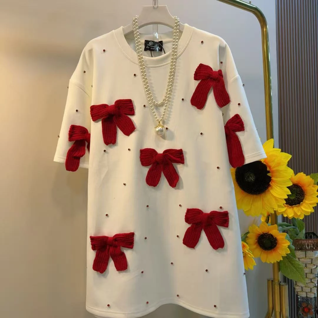 YDD秋冬新款休闲立体蝴蝶结重工遮肉韩版长T大衫25481