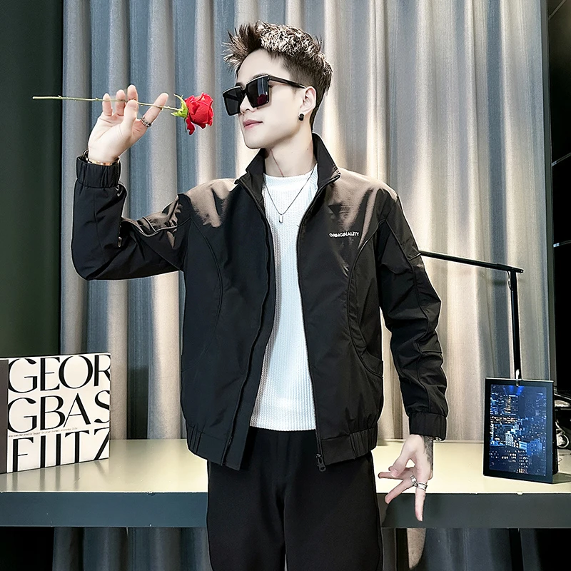 痞帅黑色夹克男士男款网红春秋季新款韩版休闲褂子立领修身男外套