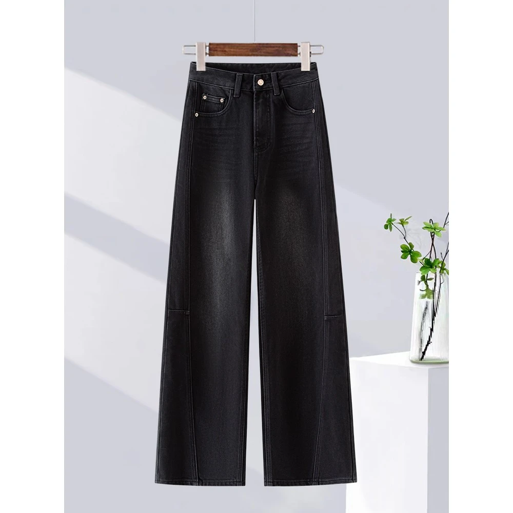 加绒加厚黑色牛仔阔腿裤女2025年秋冬季新款显瘦窄版直筒弯刀裤子