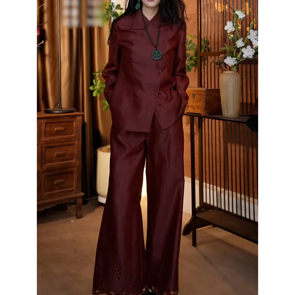 时尚轻奢贵夫人裤套装女2025秋季新款高贵气质纯色长袖衬衫+裤子