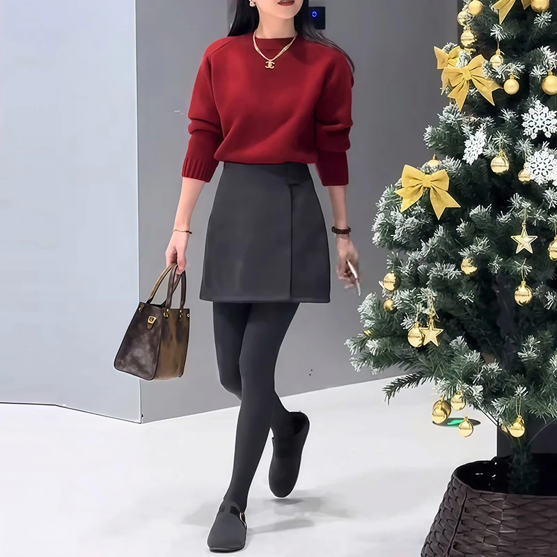 秋冬新款时尚一整套气质法式减龄百搭针织毛衣高腰A字短裙两件套