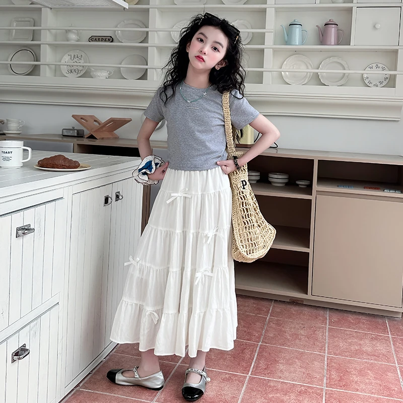 女童夏季短袖套装2025新款韩版女大童时髦长裙子洋气公主裙两件套