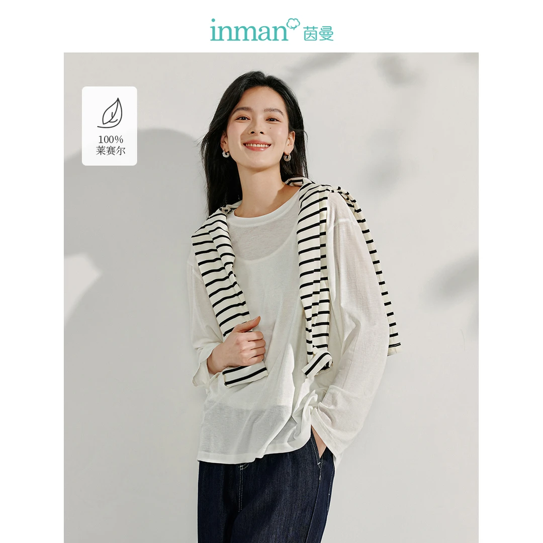 茵曼自然凉100%莱赛尔百搭开衩T恤2025夏季女装新款简约长袖上衣