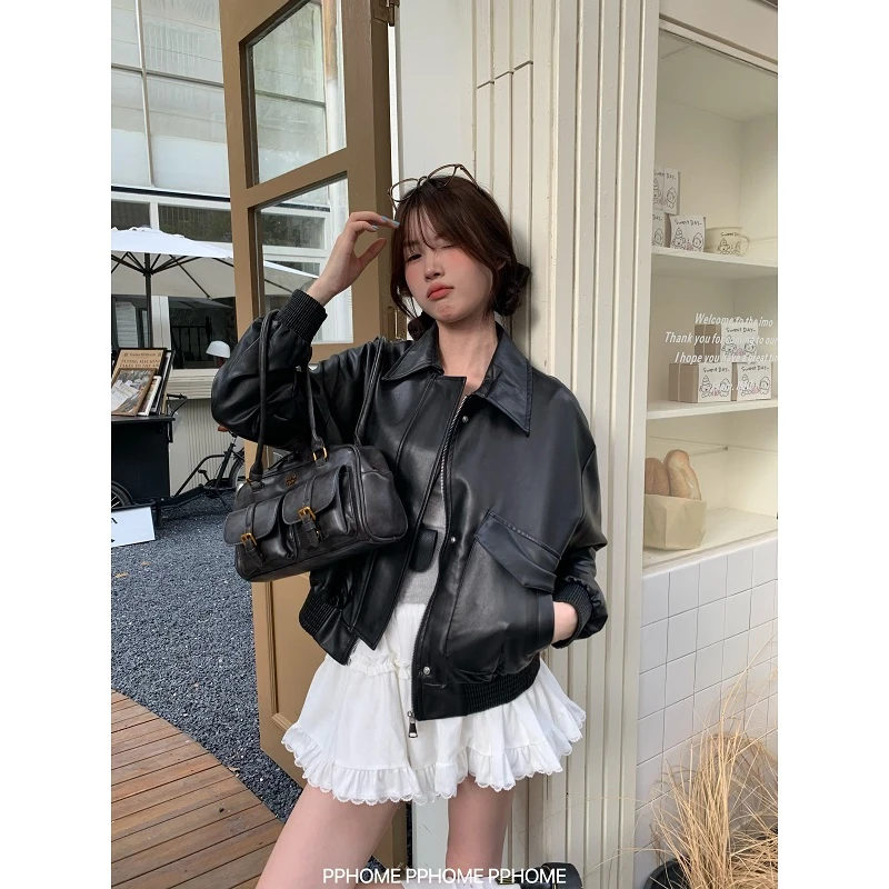 PPHOME自制~皮衣外套 旷野美拉德棕色宽松皮衣机车外套夹克小个子