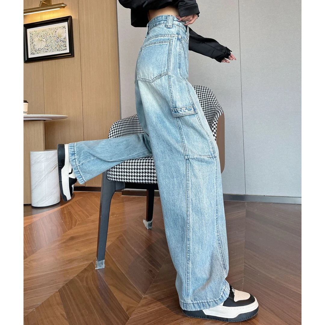 复古蓝牛仔裤女2025新款春季直筒宽松高腰显瘦水洗设计时尚弯刀裤