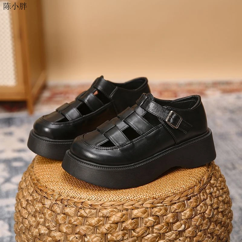 编织厚底镂空凉鞋女2025年春夏大头鞋松糕森系原宿风英伦复古单鞋