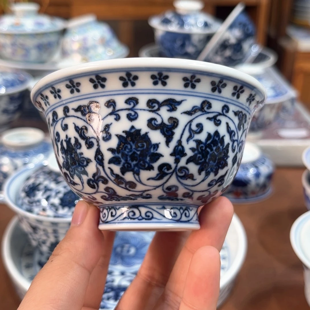 手工手绘柴窑青花永乐花心压手杯