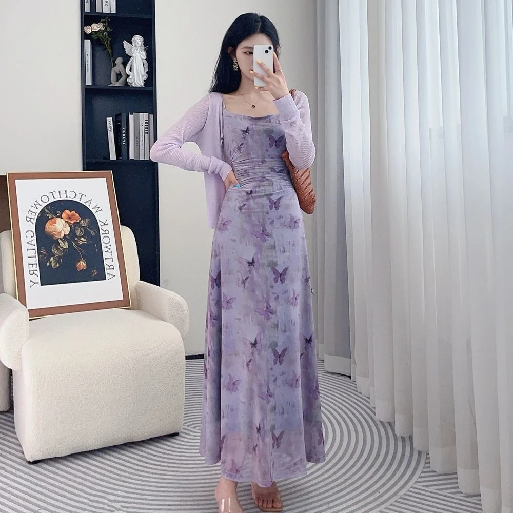紫色碎花晕染蝴蝶吊带连衣裙女20夏季新款小个子防晒开衫两件套