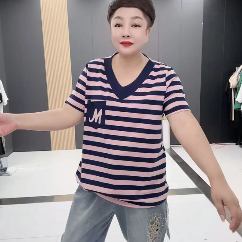 YM5080夏季V领韩版条纹字母透气T恤休闲洋气显瘦