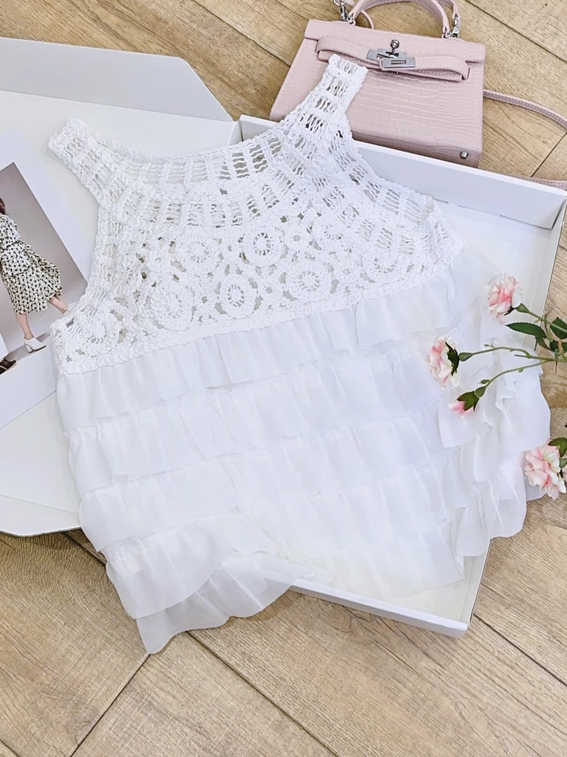 琳心丨春夏新款法式甜美荷叶边钩花镂空无袖吊带背心AL5851
