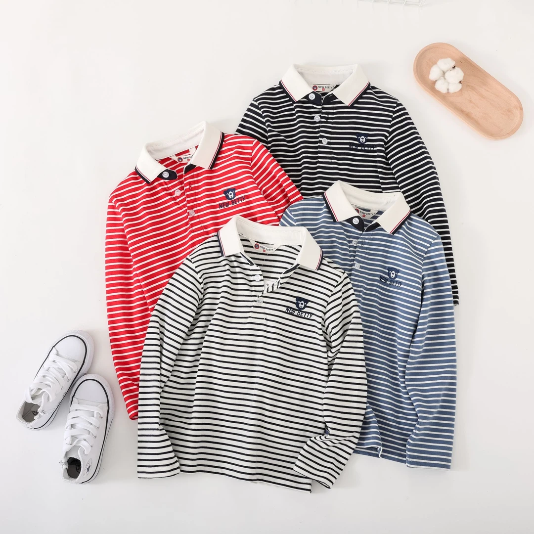 2025年春秋长袖休闲条纹男童四色POLO翻领长袖