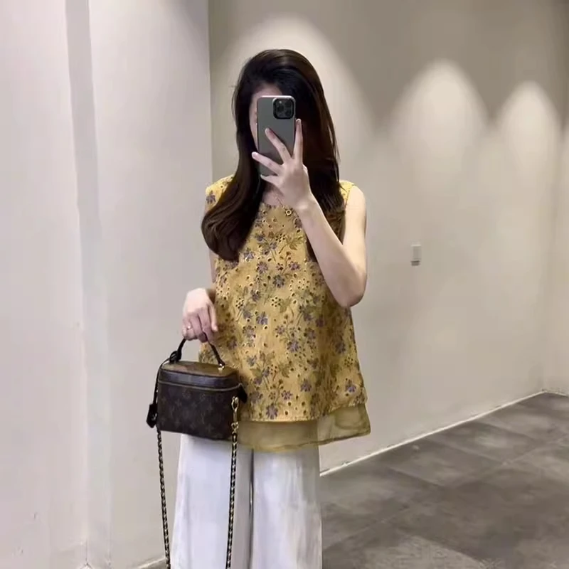 2025新款复古新中式无袖上衣九分休闲阔腿裤两件套夏日穿搭套装