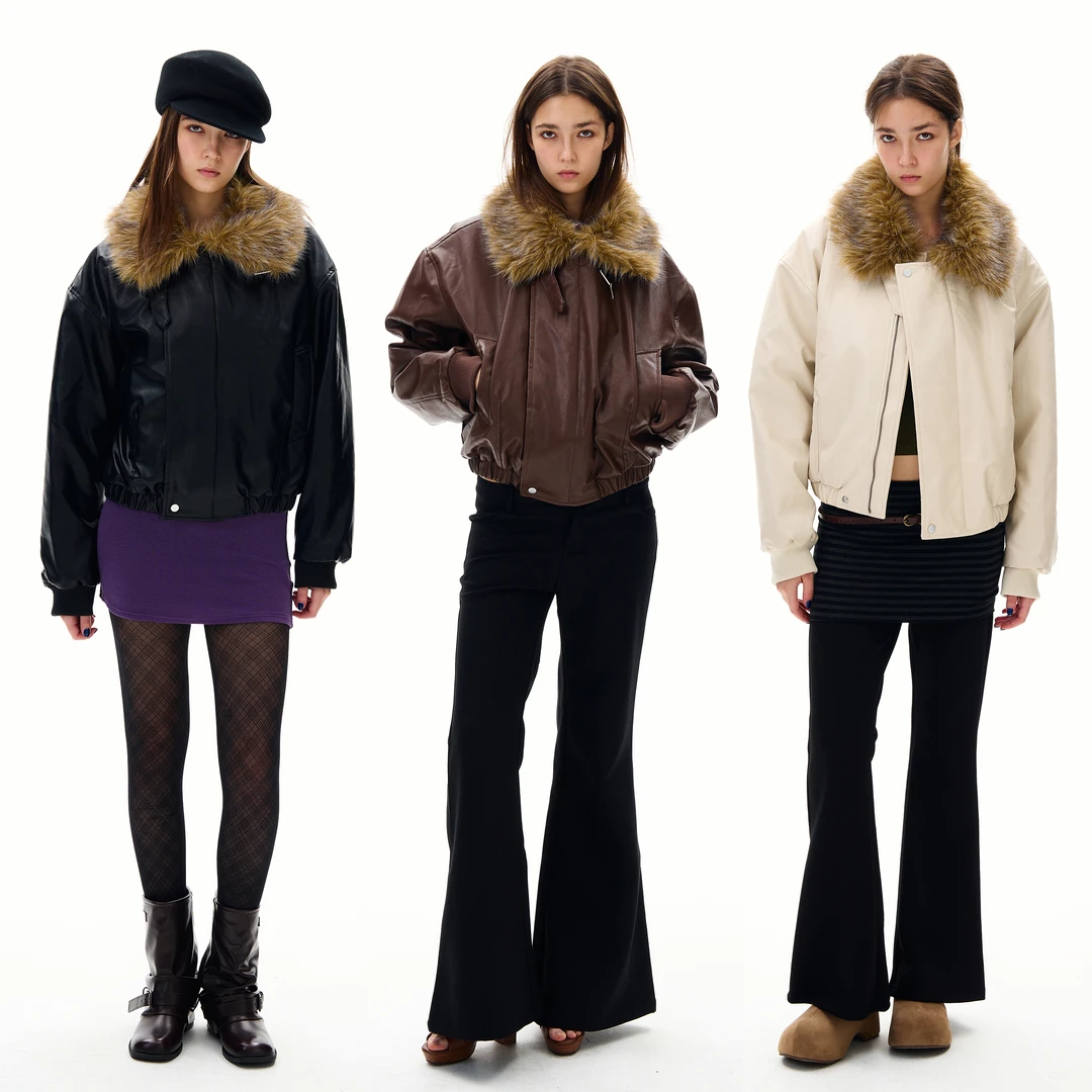 尾郎的店大毛领街头翻领棉服小众高级感PU皮皮衣复古加厚夹克外套