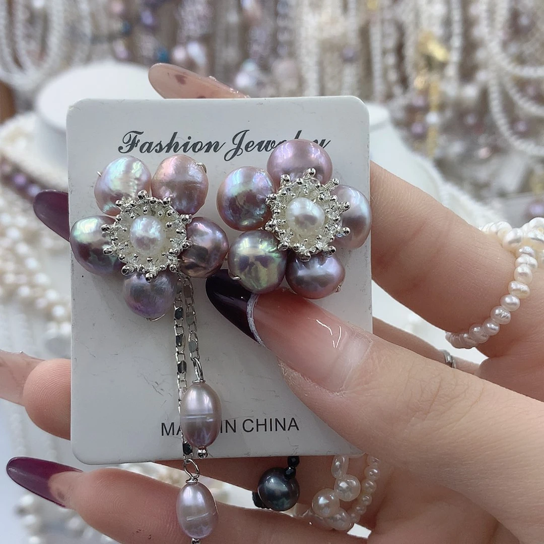 耳饰银S925镶嵌淡水珍珠