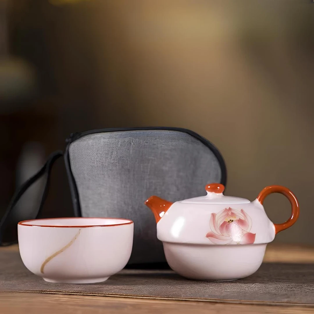 粉汝窑荷花泡茶壶一壶一杯便携式旅行茶具套装337