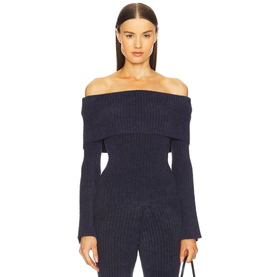 NIA 露肩毛衣 藏青色 毛针织衫 Revolve新款