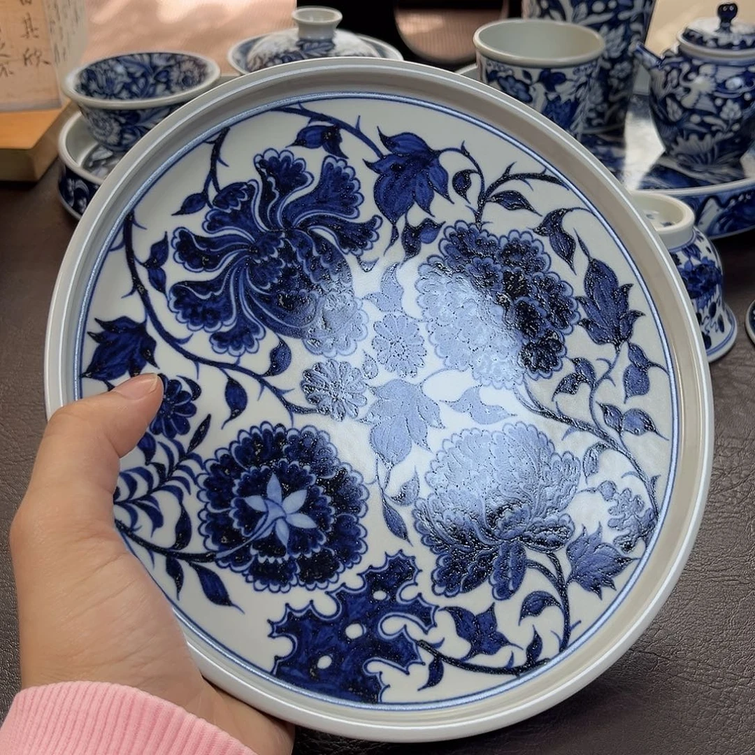 朝岚夕霞窑原矿釉烧制青花四相牡丹壶承